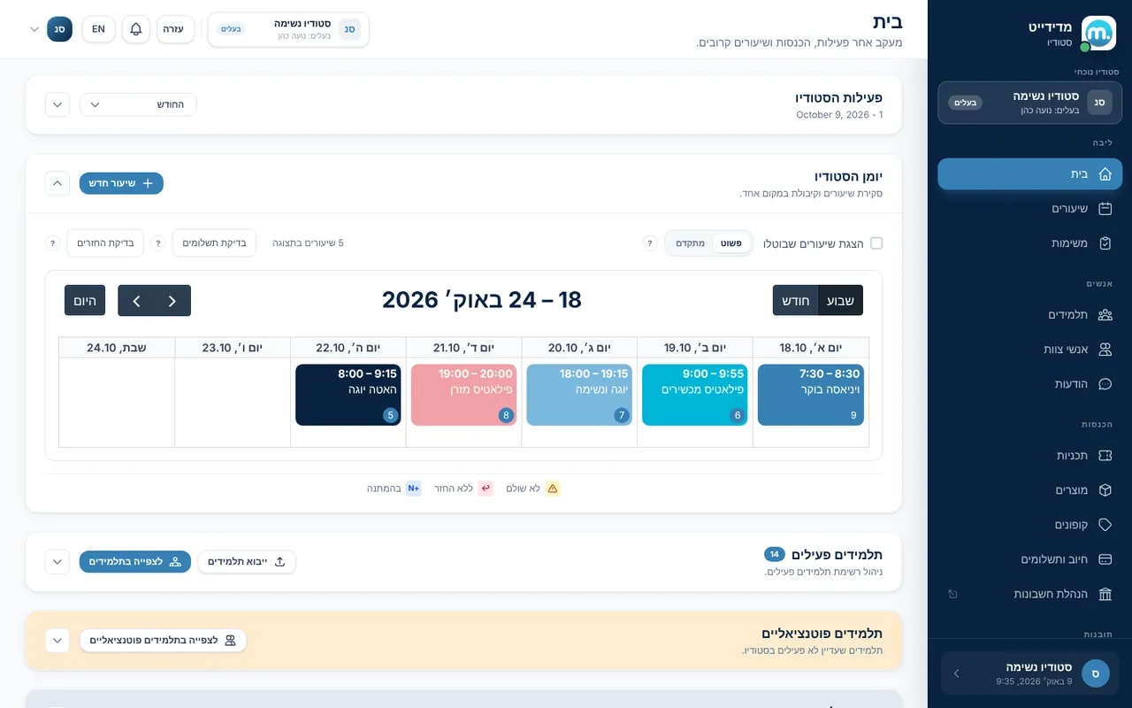 לוח הבקרה של מדידייט: יומן הסטודיו עם שיעורי השבוע ומספר הנרשמים לכל שיעור